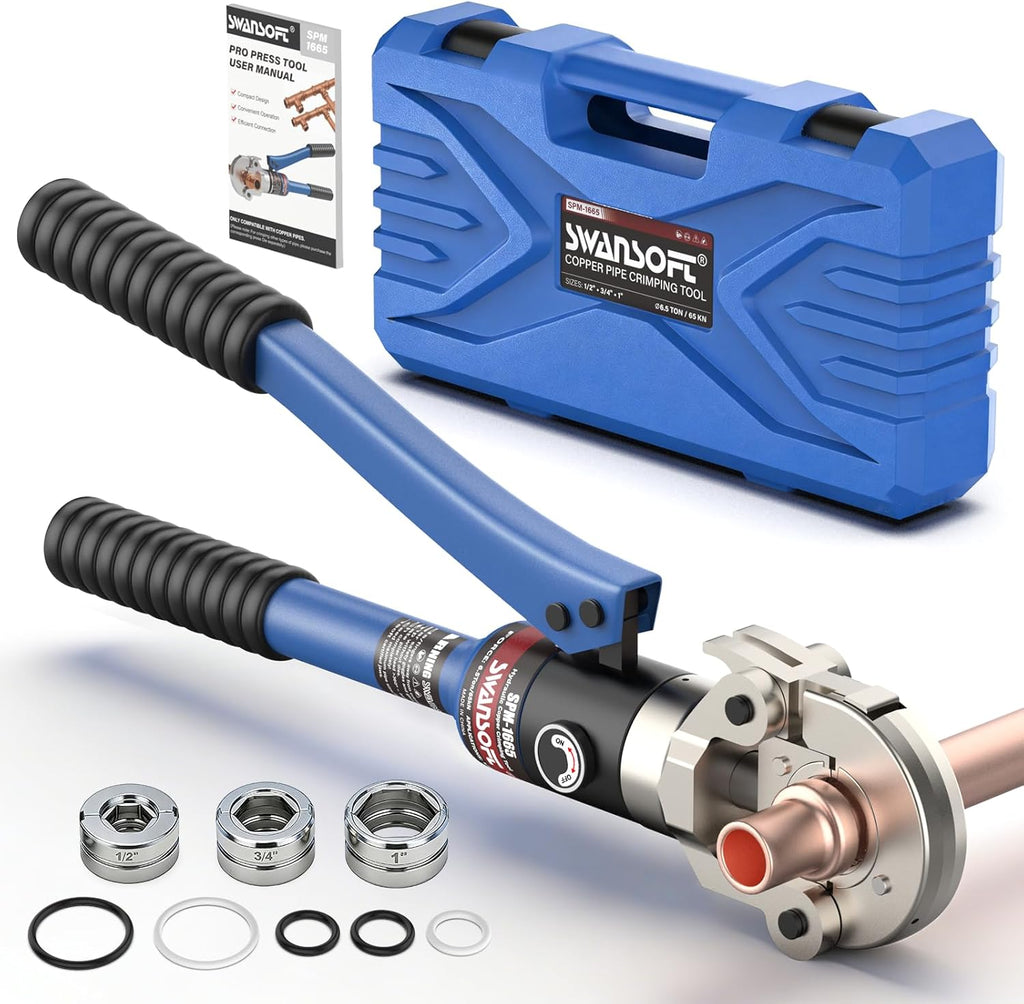 SWANSOFT Hydraulic Copper Pipe Crimping Tool with Interchangeable 1/2", 3/4", 1" Dies – Compact Pro Press Tool for Copper Tube Tight Spaces and Tee Fittings