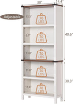71" Tall Bookshelf, 5-Tier Farmhouse Bookcase, Free Standing Display Shelf & Storage Organizer for Living Room, Home Office, Bedroom,Antique White.