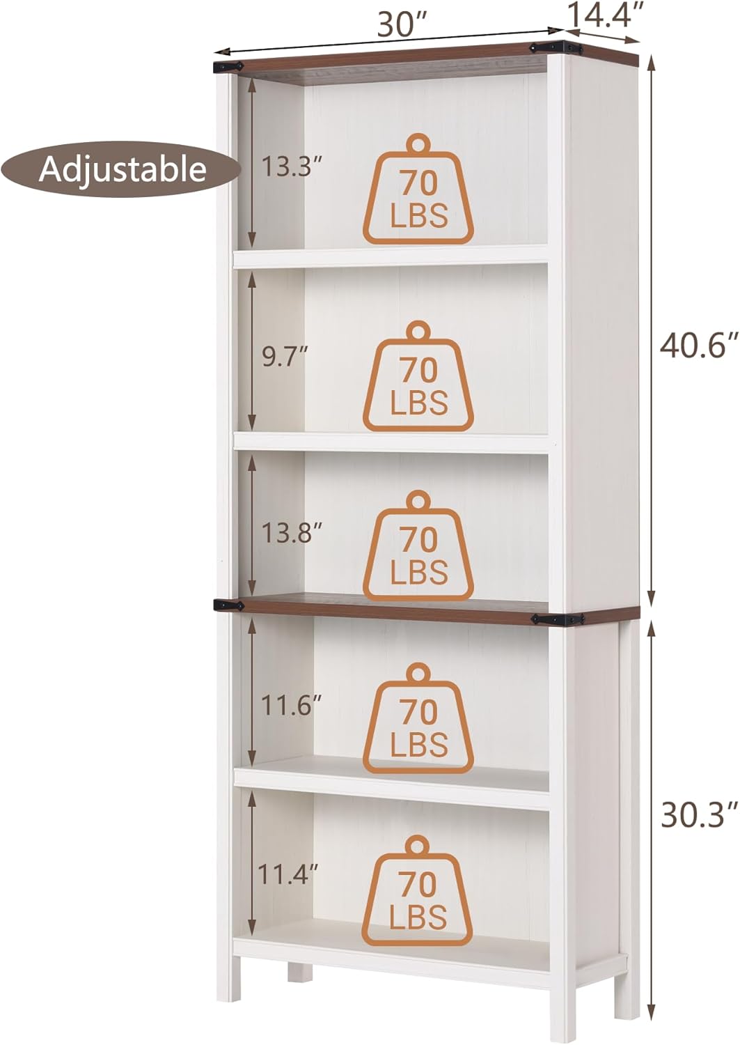 71" Tall Bookshelf, 5-Tier Farmhouse Bookcase, Free Standing Display Shelf & Storage Organizer for Living Room, Home Office, Bedroom,Antique White.