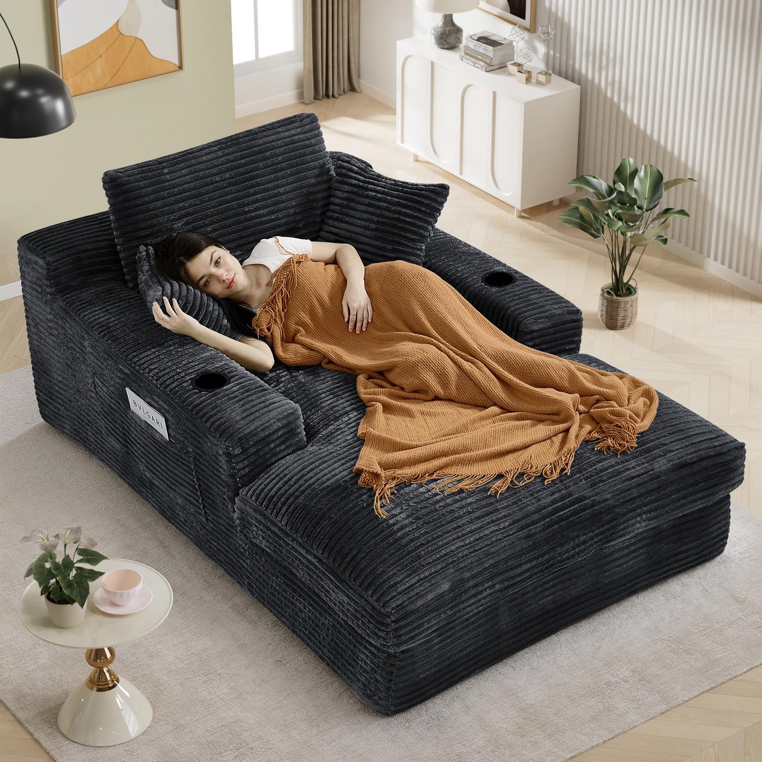 49.6"W x 75.9"D Super Oversized Chaise Lounge Chair Indoor Boneless Reading Chair Corduroy Recliner Deep Seat Sleeper Fluffy Comfy Sofa Bed Couch with Cup Holders for Living Room Bedroom, Dark Gray