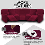 ULTICOR 7-Piece L Shape Sectional Recliner Sofa Covers, Velvet Stretch Reclining Couch Covers for Reclining L Shape Sofa, Thick, Soft, Washable (Burgundy - Wine, L Shape 5 Seat Recliner Cover)