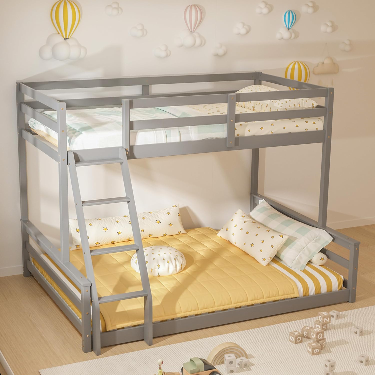 TOLEAD Low Bunk Bed Twin Over Full, Floor Bunk Bed with Ladder, Wooden Bunk Bed with Full Guardrails, Low Bunk Bed for Juniors, Boys, Girls, Kids, Bedroom, Grey