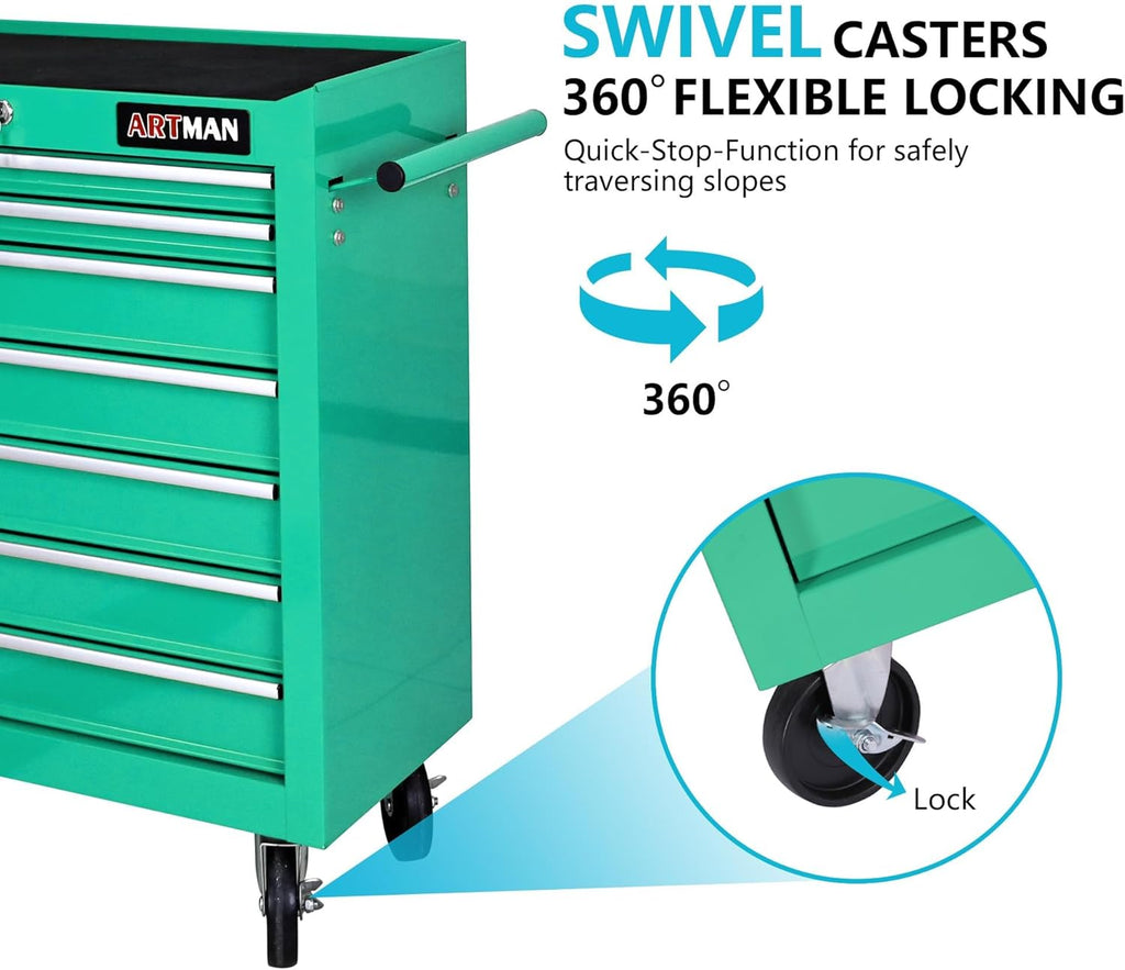 7 Drawers Rolling Tool Cart on Wheels, Multifunctional Organizer Tool Chest Tool Case, Trolley Tool Storage Tool Box for Workshop,Garage,Repair Shop (7 Drawers 24.2" W×12.9" D×29.9" H-Green)