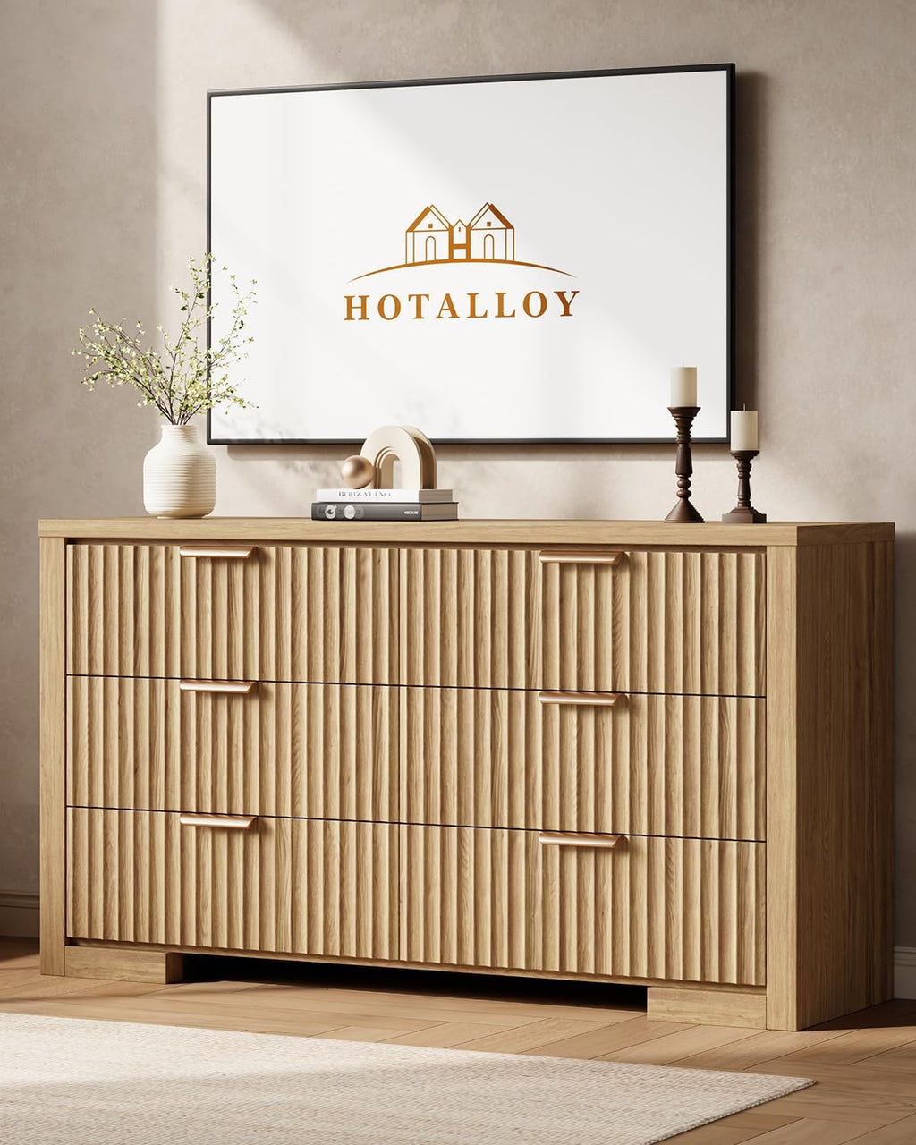 Fluted 6 Drawer Dresser for Bedroom, 54" Wide Chest of Drawers with Metal Handle, Modern Storage Dressers Organizer for Living Room, Hallway, Natural Oak
