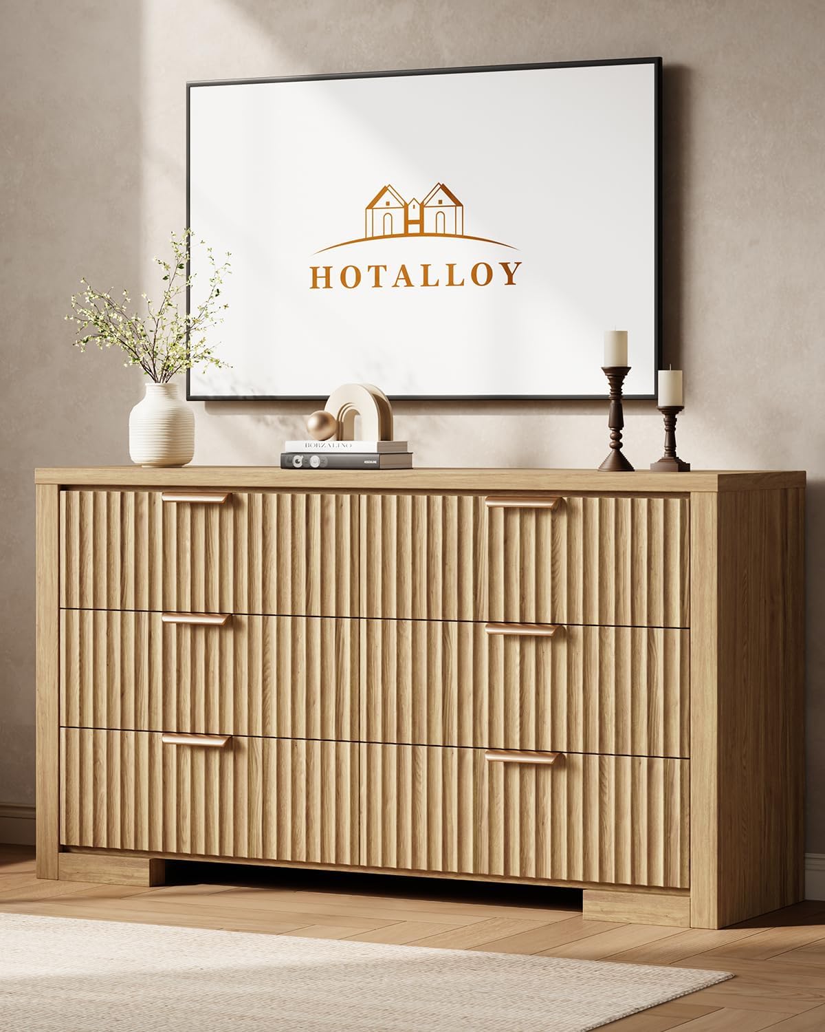 Fluted 6 Drawer Dresser for Bedroom, 54" Wide Chest of Drawers with Metal Handle, Modern Storage Dressers Organizer for Living Room, Hallway, Natural Oak