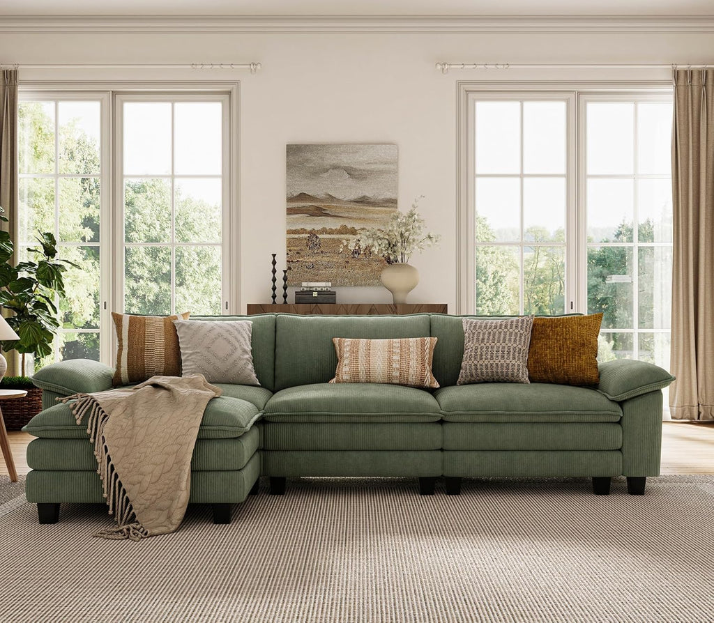 LINSY HOME 123'' Modular Sectional Sofa Green Couch Corduroy Cloud Couches for Living Room, L Shaped Couch with Movable Ottoman, Modern Cloud Sectional Sofas for Bedroom and Apartment, Green