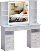 Vanity Desk with Mirror and Lights, Glass Top Dressing Table with 9 Drawers,European Style Vanity Table, Crystal Ball Knobs, White Makeup Desk (White-Glass Top)