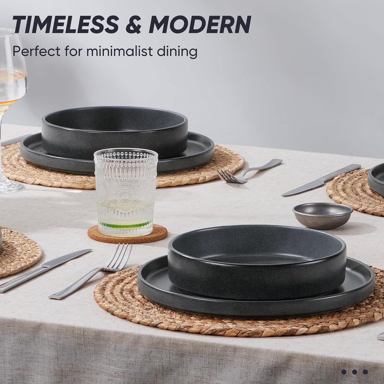 E-far 16-Piece Plates and Bowls Sets - Stoneware Dinnerware Sets with Pasta Bowls for 4 | Microwave & Dishwasher Safe Kitchen Modern Dish Set, Deep Gray