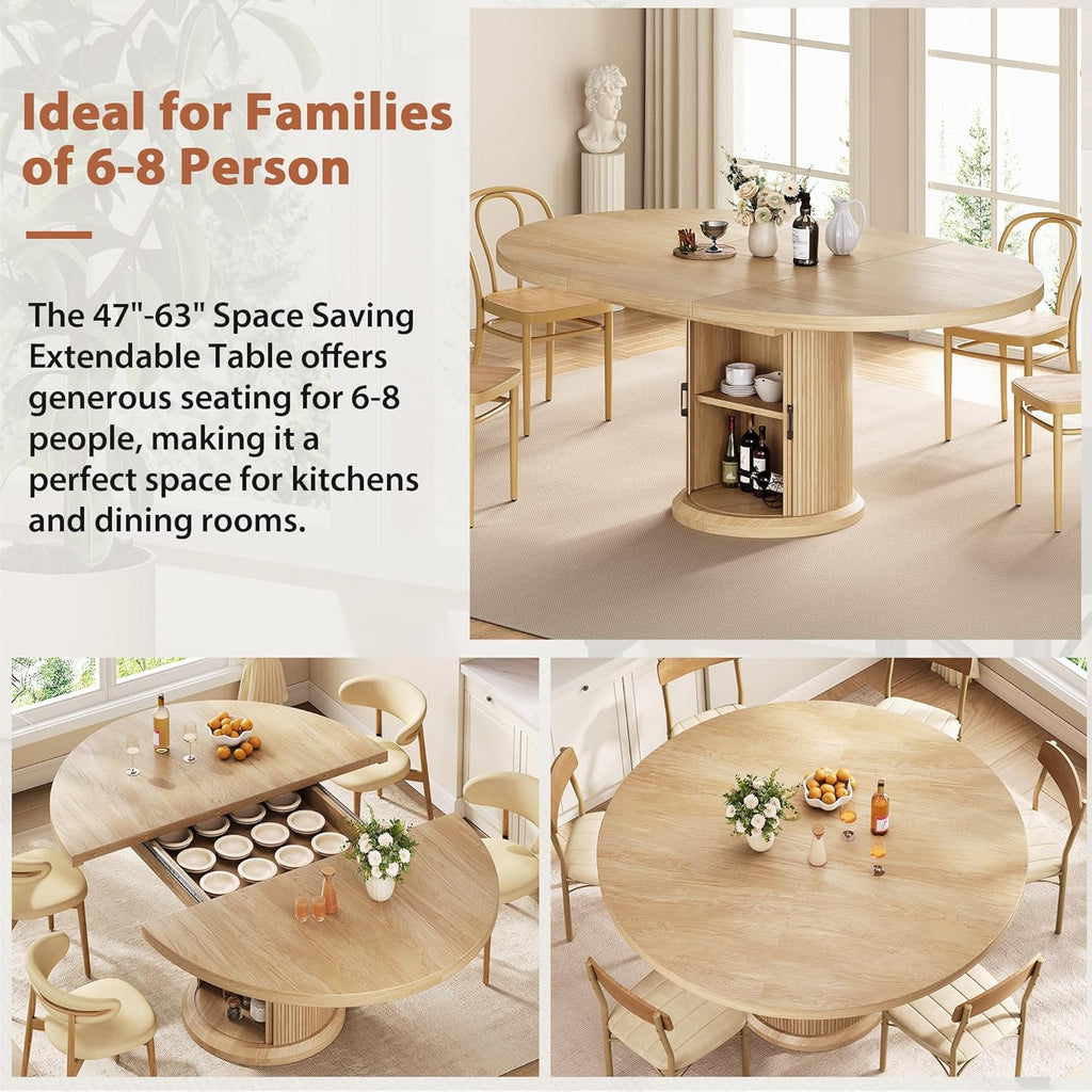 47″–63″ Extendable Round Dining Table for 4–8 with Dust-Proof 2-Tier Storage Shelf Space-Saving Expandable Dining Room Table Wood Oval Circle Dining Table with Pedestal Base (Natural)