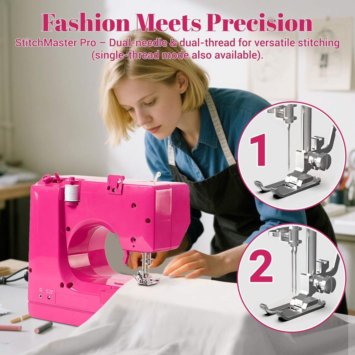 StitchMaster Pro Sewing Machine - Twin/Double Needle Compatible, 14 Stitches, Easy for Beginners & Home Users (Pink)