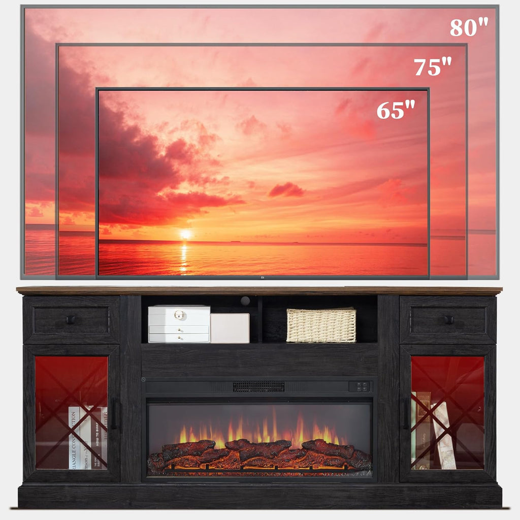 70" Fireplace TV Stand for TVs Up to 80" w/ 34" Electric Fire Place, Entertainment Center w/ 2 Glass Doors & LED Lights, TV Stands for Living Room (Espresso, 30" H w/Fireplace)