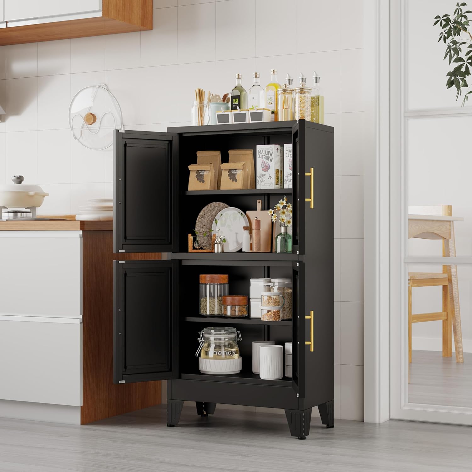 GAIOUS 47.25" Metal Storage Cabinet, Black Kitchen Food Storage with 4 Door and 2 Adjustable Shelves, Freestanding Bathroom Cabinet, Pantry for Kitchen Dinning Room, Cupboard