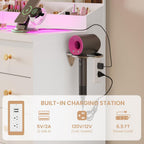 White Vanity Desk with Mirror and Lights,Glass Top Vanity Table with Power Outlet,Dressing Table with 11 RGB Drawers,3 Led Light Modes,Makeup Vanity Desk for Bedroom Women Girls