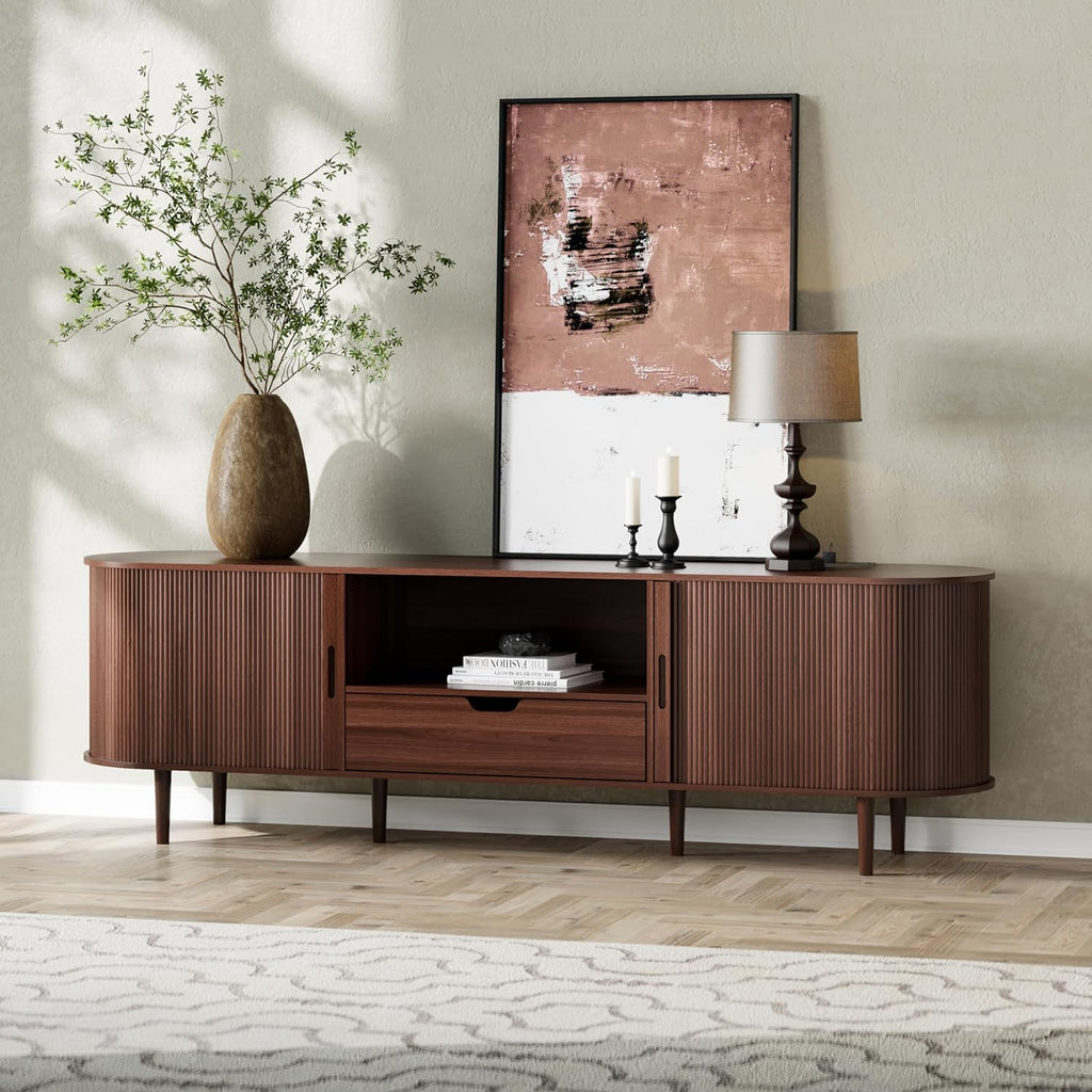 DHH 71" Fluted TV Stand with Power Outlet for TVs up to 80", TV Console with Adjustable Shelves and Sliding Door,Mid Century Modern Entertainment Center for Living Room,Bedroom (Walnut, 71Inch)