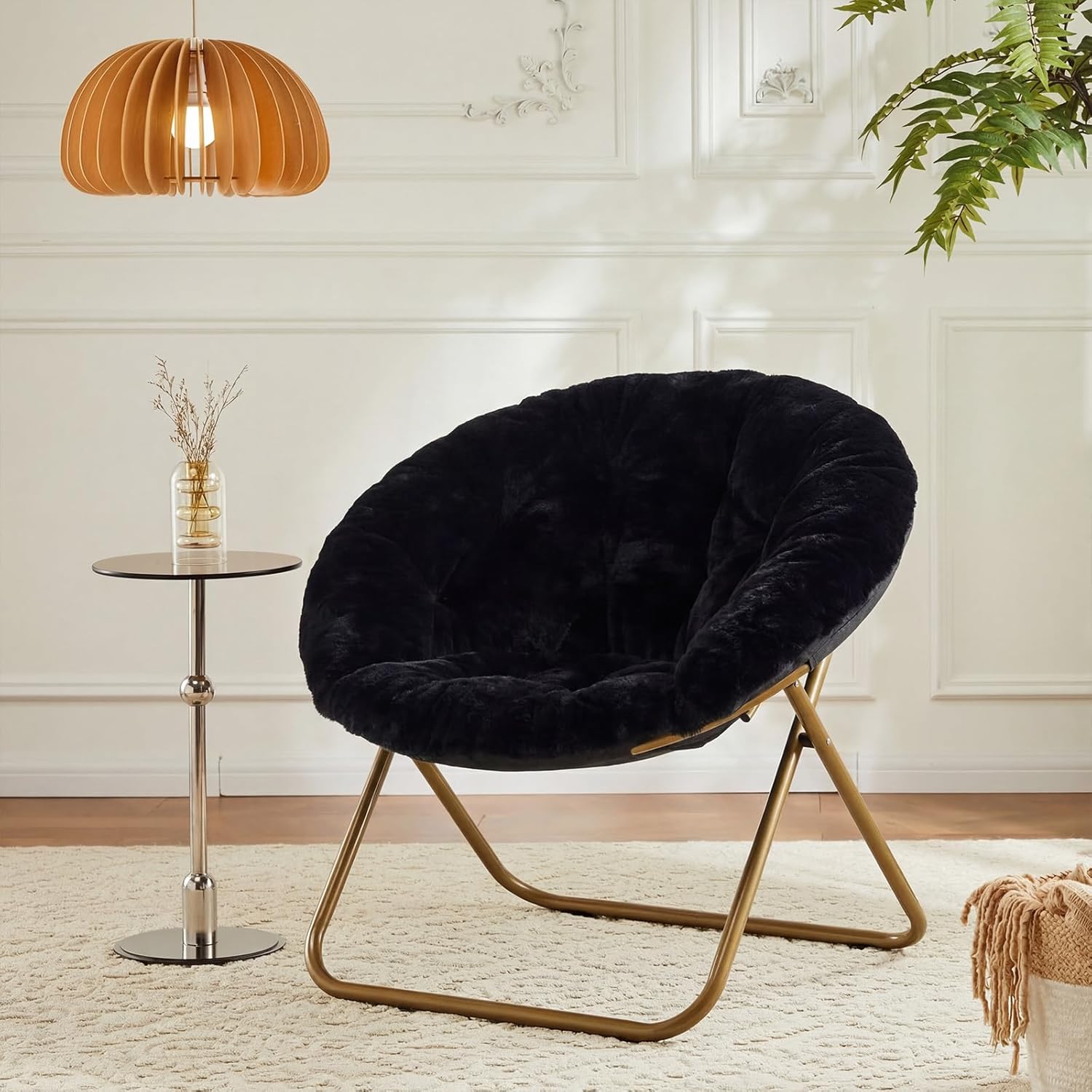 DUMOS Comfy Saucer Chairs Cozy Faux Fur Soft Lounge Cute Folding Bedroom Living Room Seat Flexible Reading Foldable Seating for Kids Adults Thick Padded Metal Frame Modern for Home Office, Black