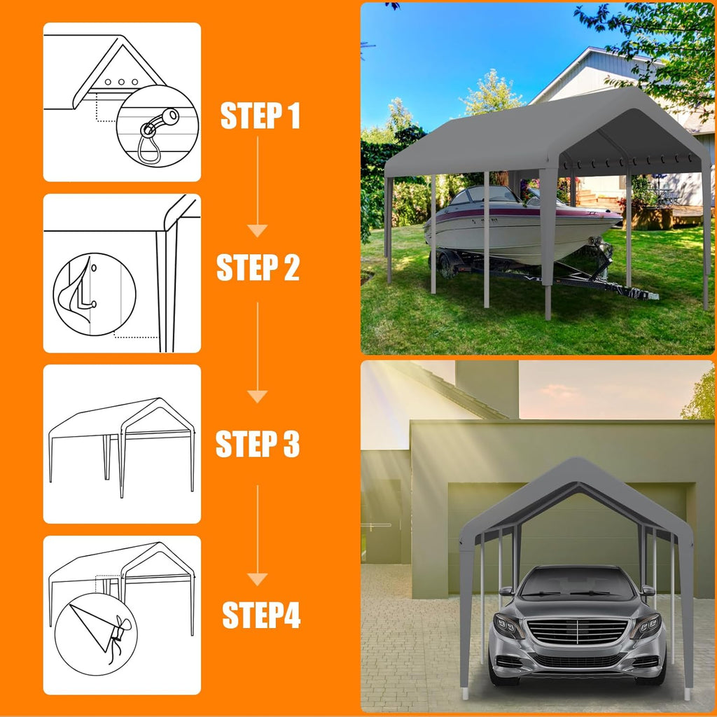 Carport Canopy 10'x20' Heavy Duty Replacement Cover, Garage Shelter Cover 800D Oxford Waterproof & UV Protected Tarp with Ball Bungees, Not Include Frame（Gray）