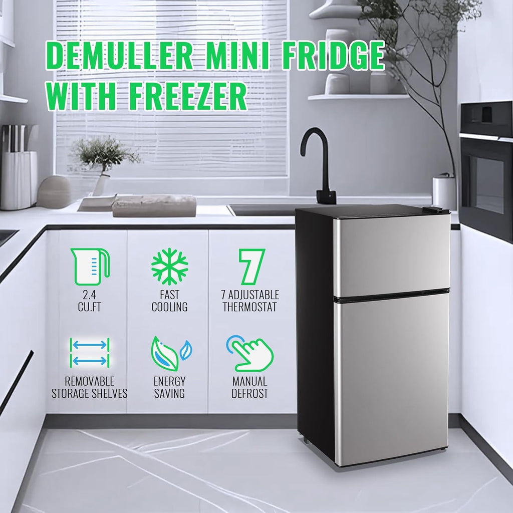 DEMULLER Mini Fridge with Freezer, 45L Personal Refrigerator Only for One Person Use, Silver Tiny Small Size Refrigerator with 7 Level Adjustable Temperature and Double Door