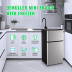 DEMULLER Mini Fridge with Freezer, 45L Personal Refrigerator Only for One Person Use, Silver Tiny Small Size Refrigerator with 7 Level Adjustable Temperature and Double Door