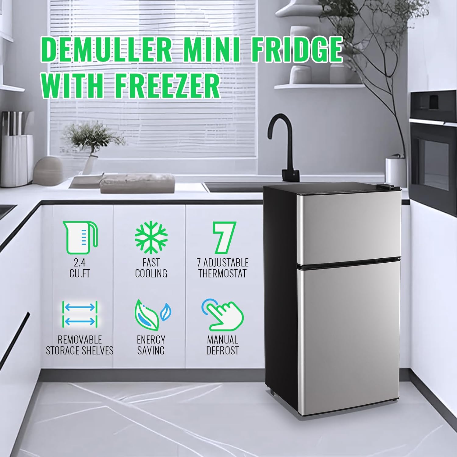 DEMULLER Mini Fridge with Freezer, 45L Personal Refrigerator Only for One Person Use, Silver Tiny Small Size Refrigerator with 7 Level Adjustable Temperature and Double Door