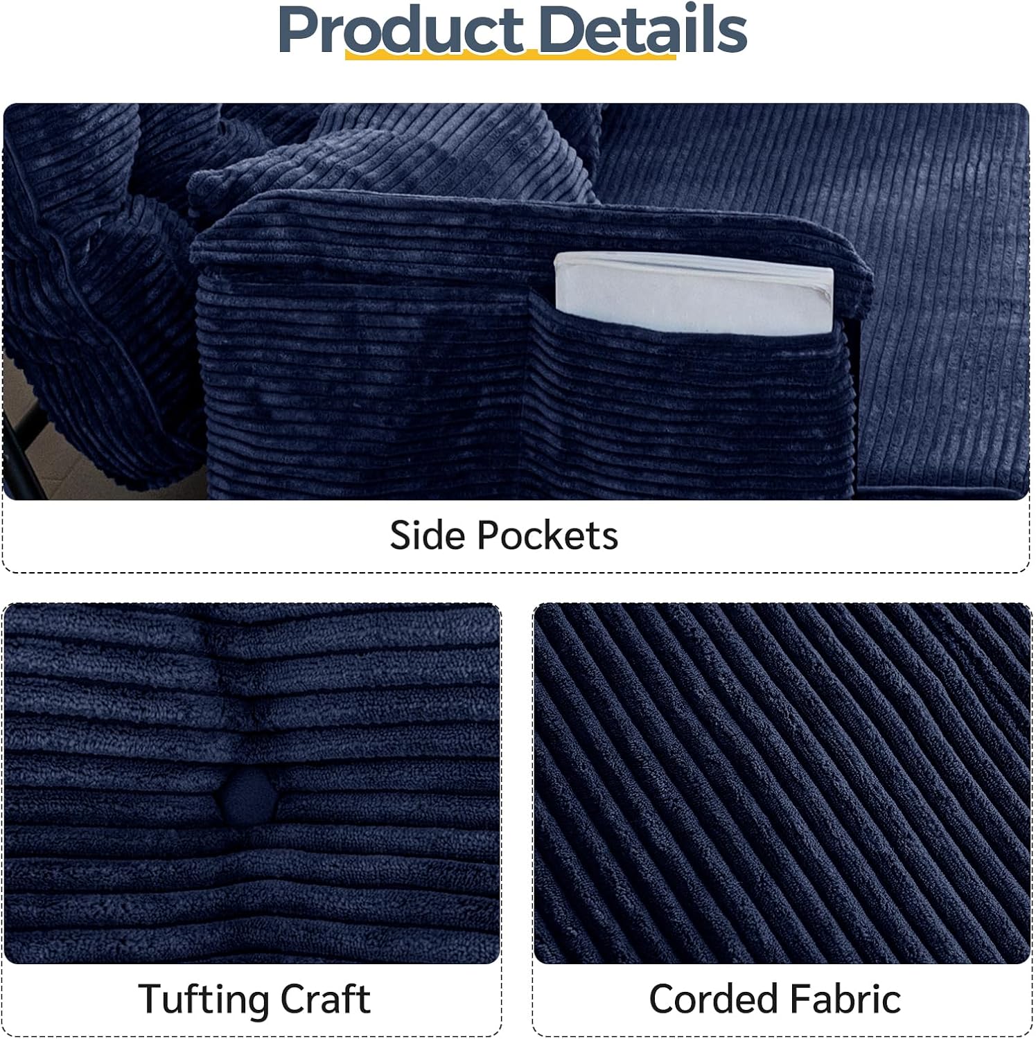 MAXYOYO Adjustable Floor Sofa Couch with 2 Pillows, Multi-Functional Bean Bag Bed, 5-Position Foldable Lazy Sofa Sleeper Bed with Armrest, Versatile Floor Seating for Reading, Navy, Double