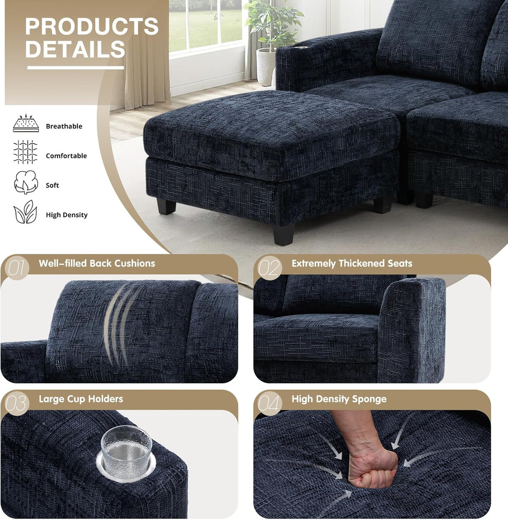 110" Chenille U-Shape Sofa with Flexible Ottomans, Comfy Sectional Sofa with 2 Built-in Cup Holders, Convertible 4 Seats Couch with Well-Filled Back Cushions for Living Room, House, Blue