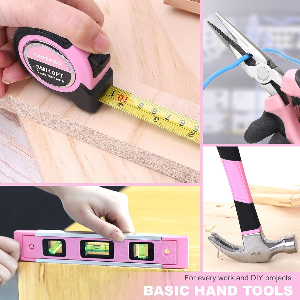 FASTPRO 177-Piece 20V Pink Cordless Lithium-ion Drill Driver and Home Tool Set, Lady's Home Repairing Tool Kit with Drill in Storage Case