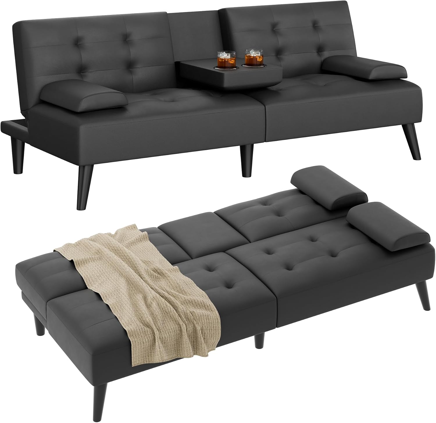 Shintenchi Futon Sofa Bed, Leather Foldable Couch, Reclining Sleeper with Removable Armrests, Upholstered Loveseat Sofa Couch with Folding Cup Holders for Home, Office(Black)