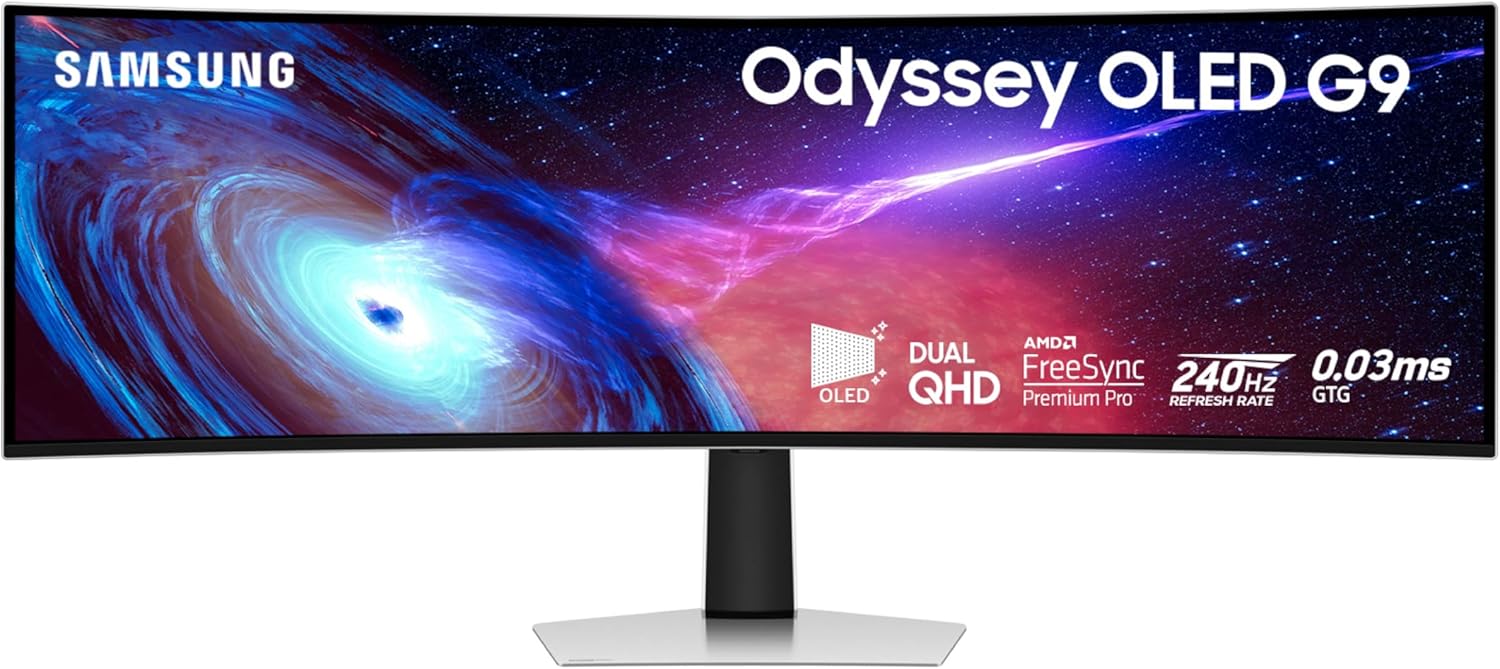 Samsung 49" Odyssey G93SC Series Curved Gaming Monitor  QD-OLED  240Hz  0.03ms  DQHD  G-Sync Compatible  FreeSync Premium Pro  Adjustable Stand