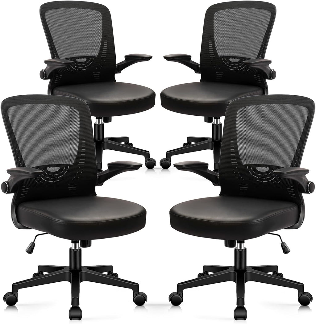 CLATINA Desk Chairs with PU Leather Seat, Flip Up Arms Ergonomic Mesh Back Office Chair with Lumbar Support, Adjustable Height Swivel Rolling Computer Chairs for Home Conference Meeting, Black, 4 Pack