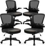 CLATINA Desk Chairs with PU Leather Seat, Flip Up Arms Ergonomic Mesh Back Office Chair with Lumbar Support, Adjustable Height Swivel Rolling Computer Chairs for Home Conference Meeting, Black, 4 Pack