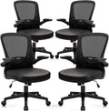CLATINA Desk Chairs with PU Leather Seat, Flip Up Arms Ergonomic Mesh Back Office Chair with Lumbar Support, Adjustable Height Swivel Rolling Computer Chairs for Home Conference Meeting, Black, 4 Pack