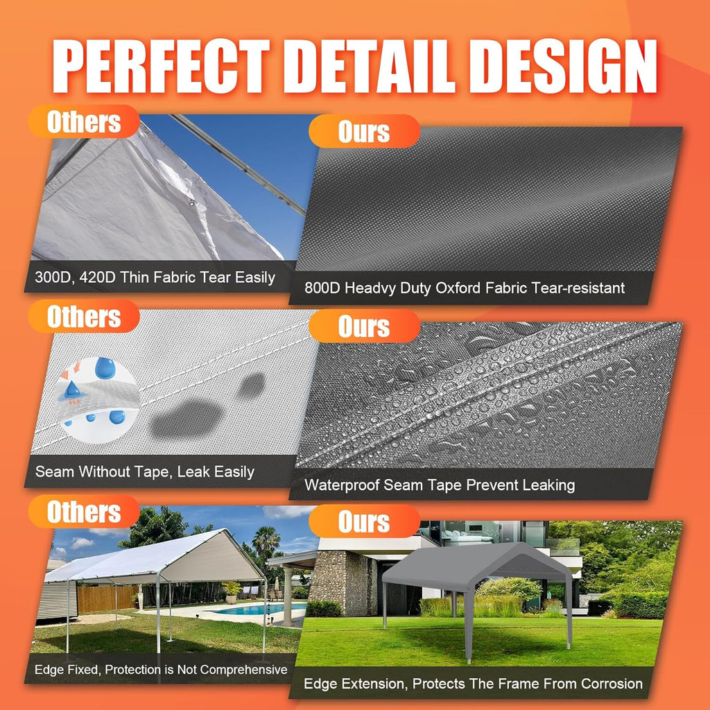 Carport Canopy 10'x20' Heavy Duty Replacement Cover, Garage Shelter Cover 800D Oxford Waterproof & UV Protected Tarp with Ball Bungees, Not Include Frame（Gray）