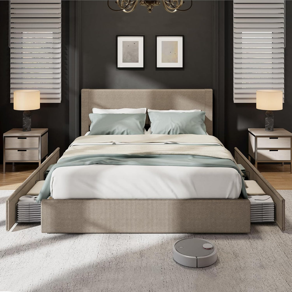 Garvee Corduroy Full Bed Frame with Headboard, Platform Upholstered Bed Frame with 4 Storage Drawers and Wooden Slats Support, No Box Spring Needed, Brown