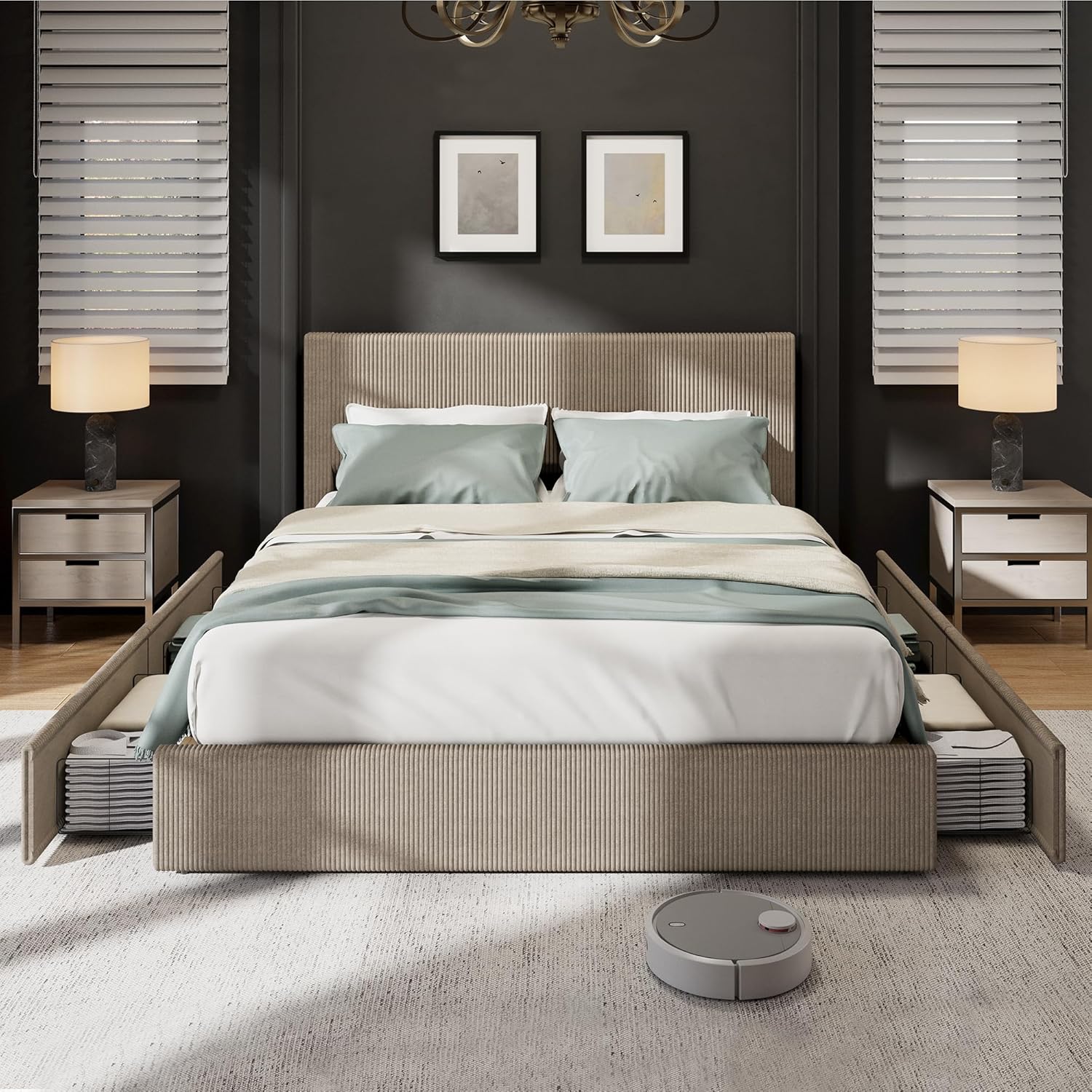 Garvee Corduroy Full Bed Frame with Headboard, Platform Upholstered Bed Frame with 4 Storage Drawers and Wooden Slats Support, No Box Spring Needed, Brown