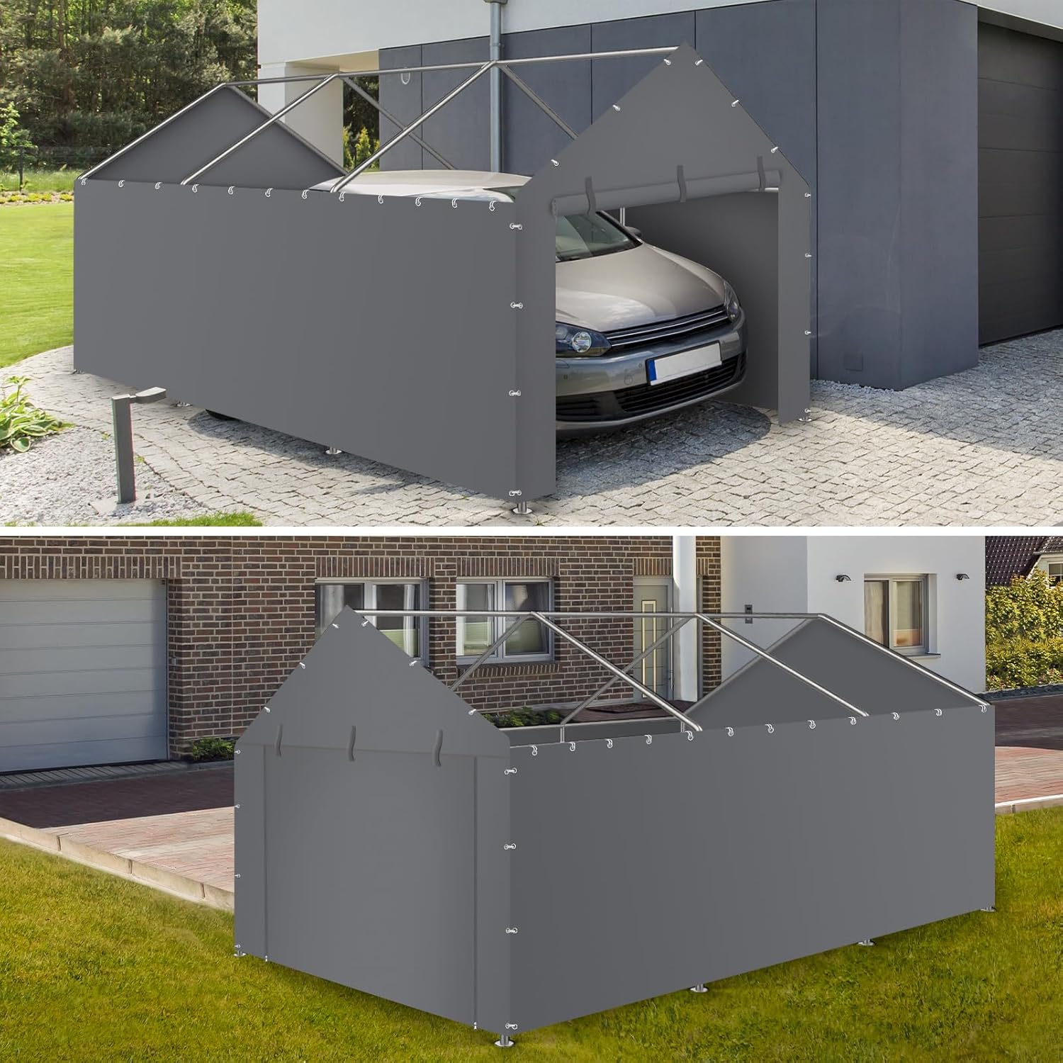 Carport Replacement Canopy Cover Sidewalls for 10x20x9.35FT Frame, Heavy Duty Garage Car Tent Shelter Tarp with Ball Bungees, Waterproof & UV Protected (Frame is not Included) (Grey)