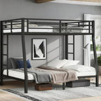 Bellemave Metal Full XL Over Queen Bunk Bed, Heavy-Duty Bunkbed Frame with Guardrails & 2 Ladders, Noise-Free, 9.8" Under-Bed Storage Full Over Queen bunk Bed, No Box Spring Needed, Black