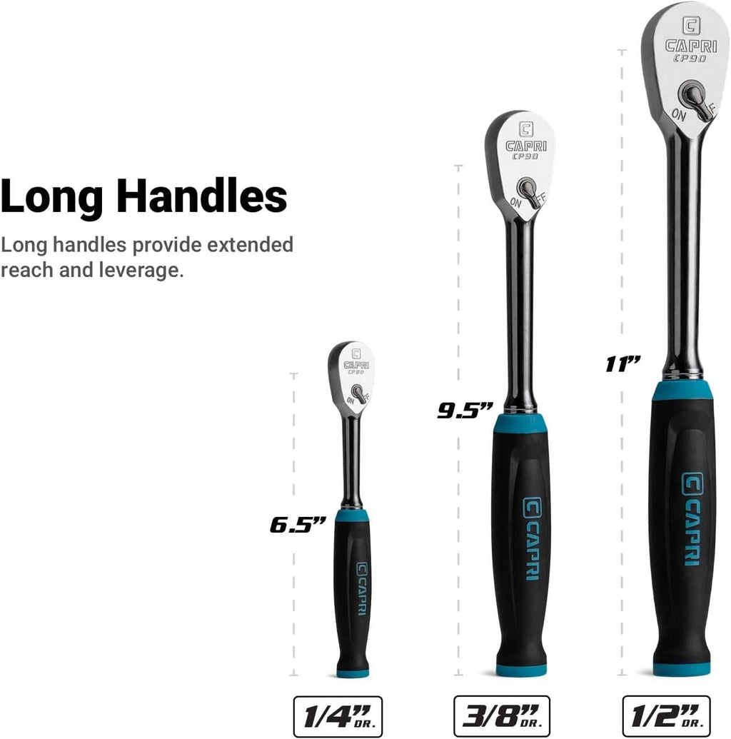 Capri Tools Fine 90-Tooth Ratchet Set, Ergonomic Soft Grip, 1/4, 3/8, 1/2 in. Drive, 3-Piece
