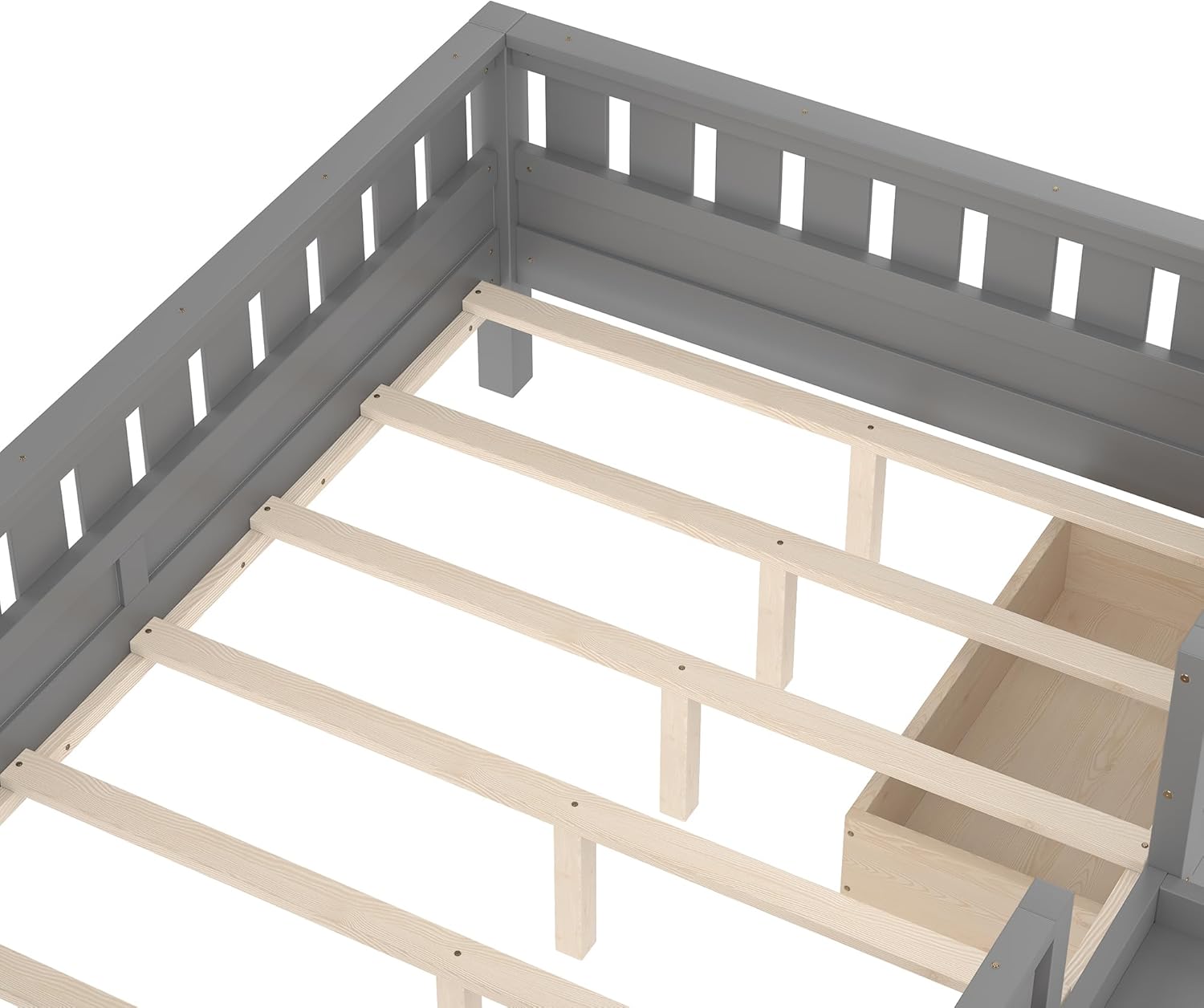 Bellemave Full Size Bed Frame with Storage Drawers & Bookshelf, Low Profile Kids Bed with Staircase & Full Length Guardrails, Solid Wood Full Size Bed Frame Kids with Slats Load 450 LBS, Grey