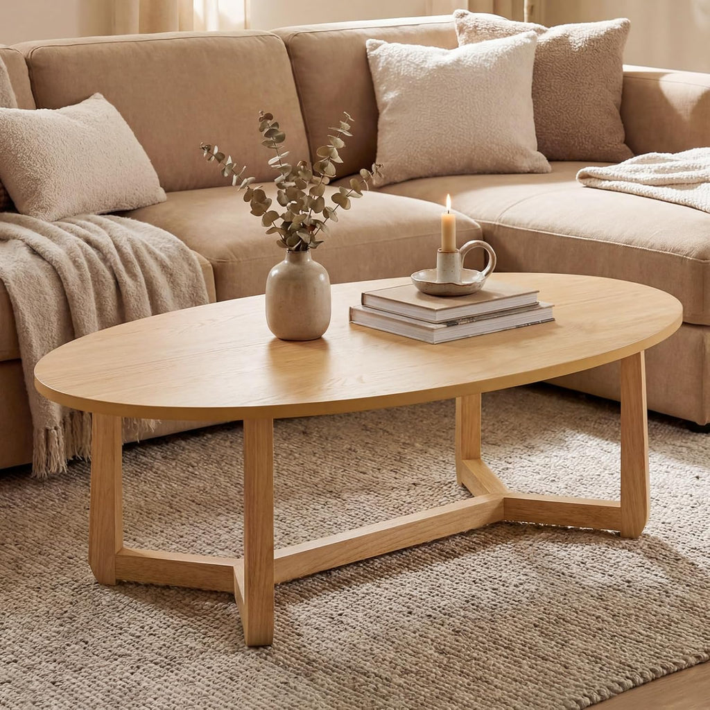 Giantex Oval Coffee Table, 46'' Wood Center Table with Thickened Top & Solid Rubber Wood Frame, Low Profile Cocktail Accent Table, Modern Living Room Table, Natural