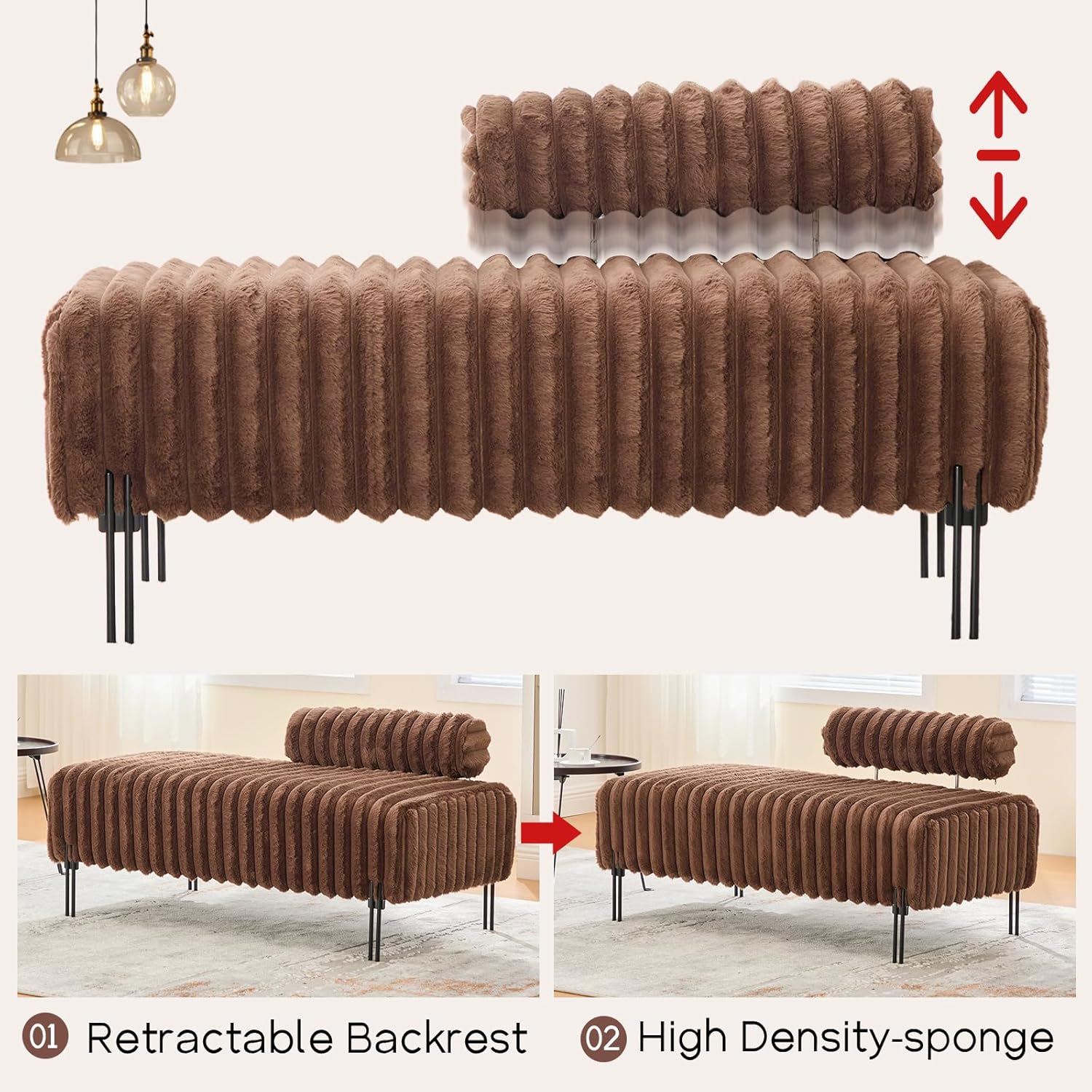 NIOIIKIT 49.6" Modern Loveseat Sofa Couch, Upholstered Accent Sofa with Golden Legs and Adjustable Backrest, Small Faux Fur Couches for Bedroom, Living Room, Compact Small Space (Brown)