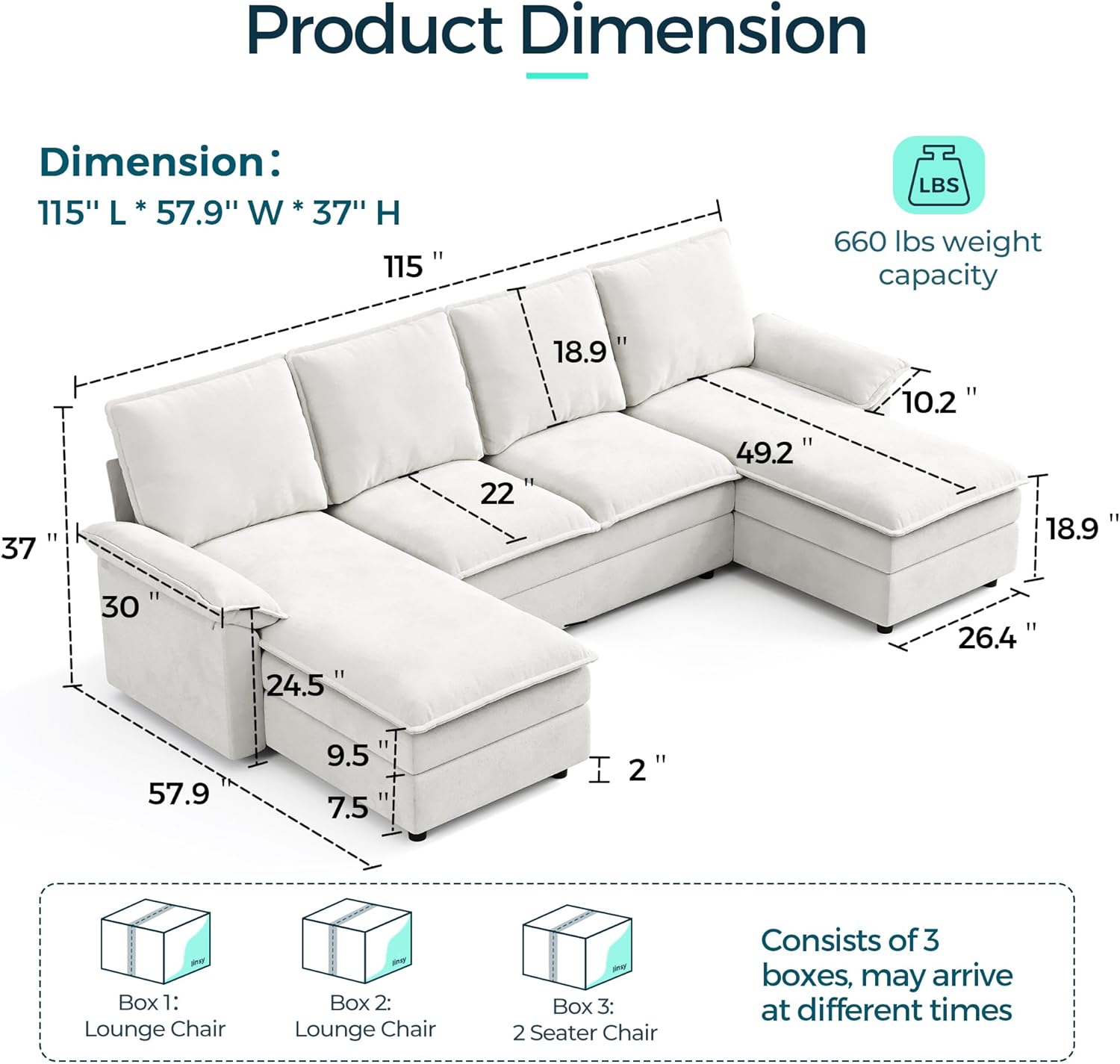 LINSY HOME U Shaped Cloud Couches, 115" Modular Sectional Sofa with Double Chaise, Chenille 4 Seater Sofa Set for Living Room, Apartment, Office, Beige
