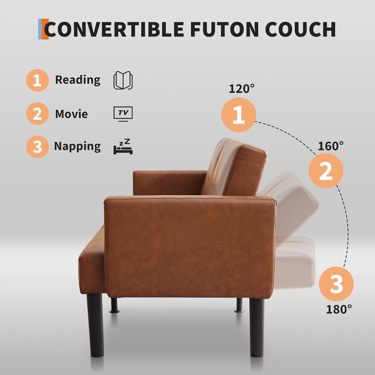 Garvee 75.5" Convertible Futon Sofa Bed, PU Leather Upholstered Futon Couch with Strong Legs, Mid Century Modern Sleeper Sofa, Comfy Loveseat for Living Room, Bedroom, Dorm, Brown