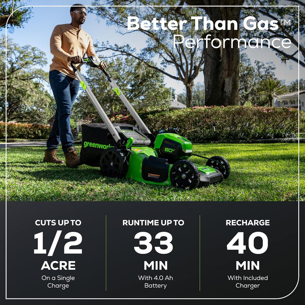 Greenworks 80V 21" Self-Propelled Cordless Lawn Mower – Brushless Motor  LED Lights  4.0Ah Battery & Rapid Charger (75+ Compatible Tools)