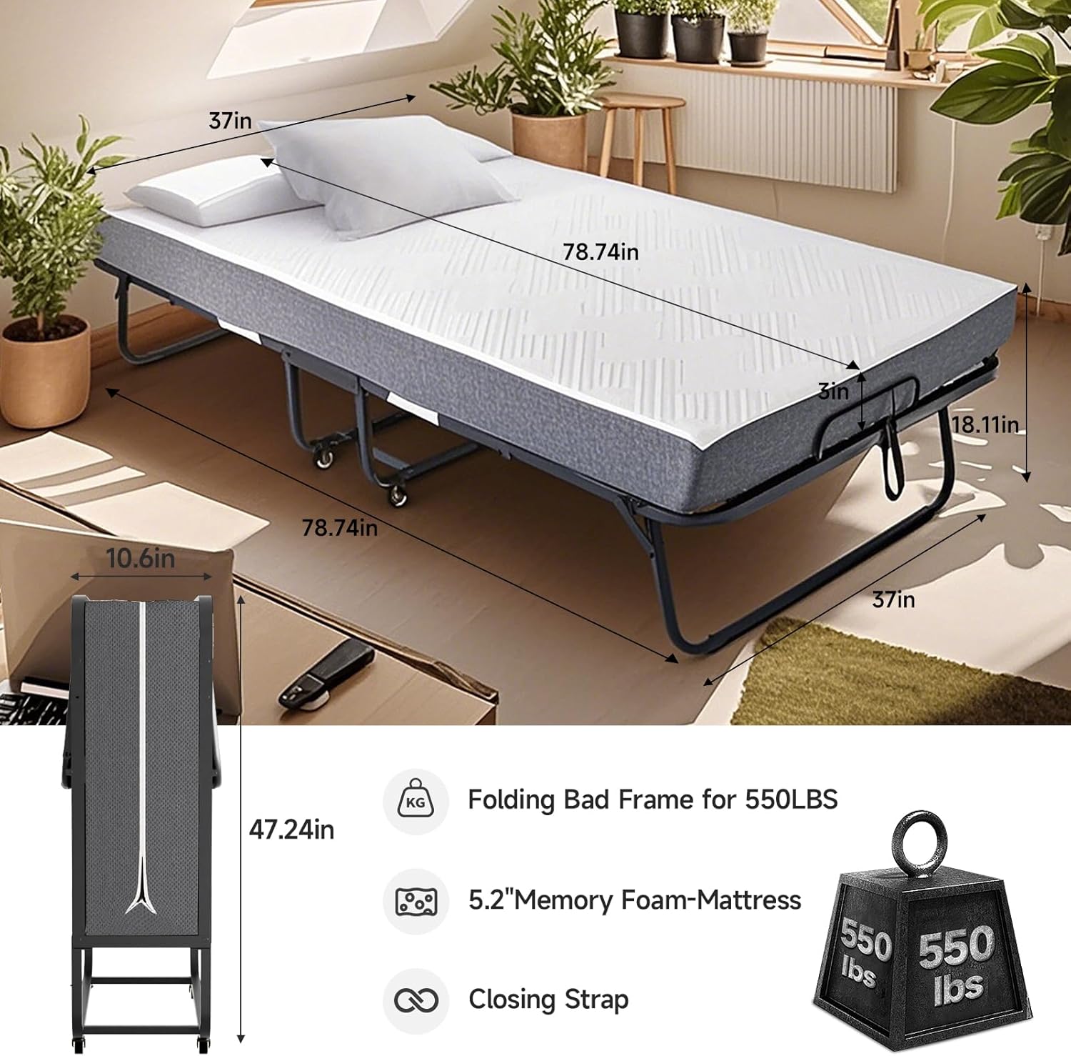 79" x 37" Twin Size Folding Bed for Adults with 5.2" Mattress, Sturdy Portable Foldable on Wheels with Storage Cover, Folding Guest Bed, Rollaway Bed with Metal Frame, Cot Size Extra