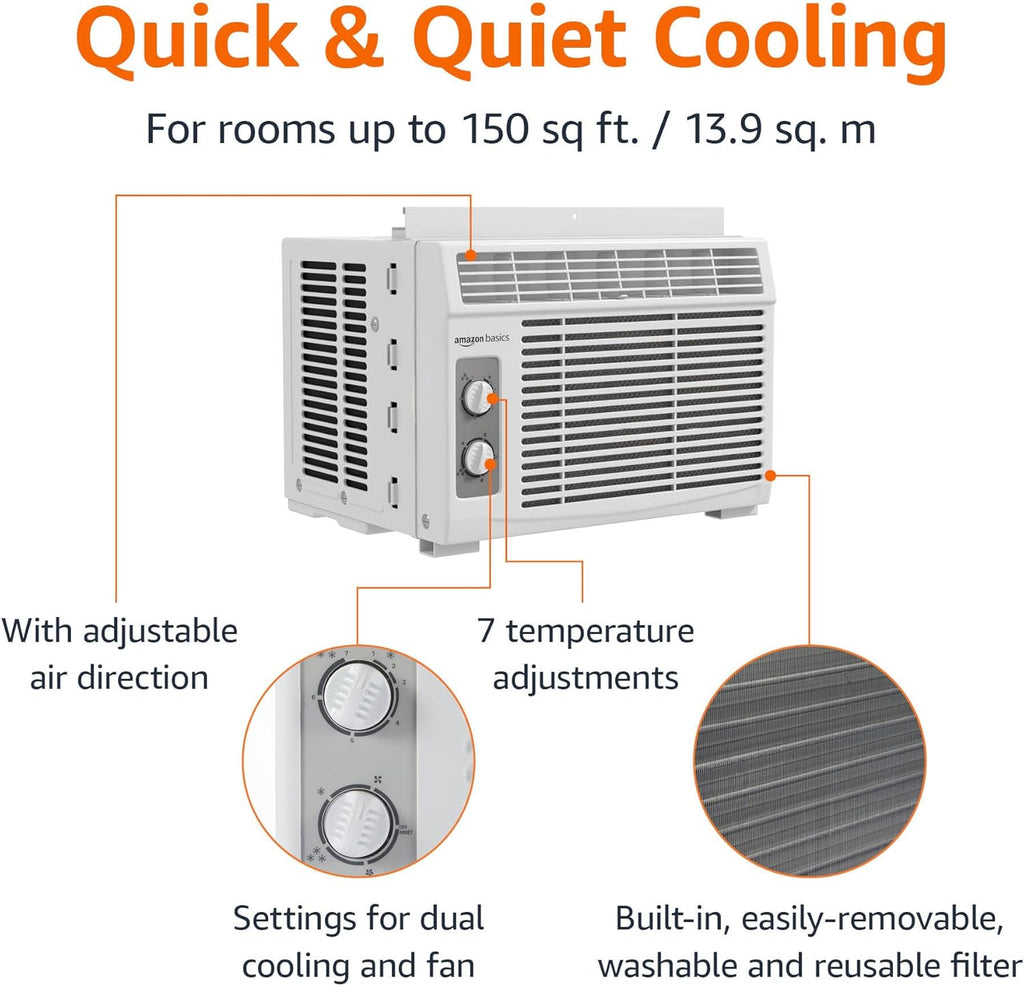 Amazon Basics 5000-BTU Window Air Conditioner with Quiet Operation, Up to 150 Sqf, Cool and Fan Functions, Washable Filter, Adjustable Window Kit, Intuitive Mechanical Controls, for Small Room, White