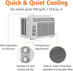 Amazon Basics 5000-BTU Window Air Conditioner with Quiet Operation, Up to 150 Sqf, Cool and Fan Functions, Washable Filter, Adjustable Window Kit, Intuitive Mechanical Controls, for Small Room, White