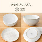 MALACASA 16 Pieces Dinnerware Sets, Modern Relief Design Plates and Bowls Sets, White Dish Set for 4, Kitchen Ceramic Dinner Plates Dishware Set, Microwave and Dishwasher Safe, Series LYDIA
