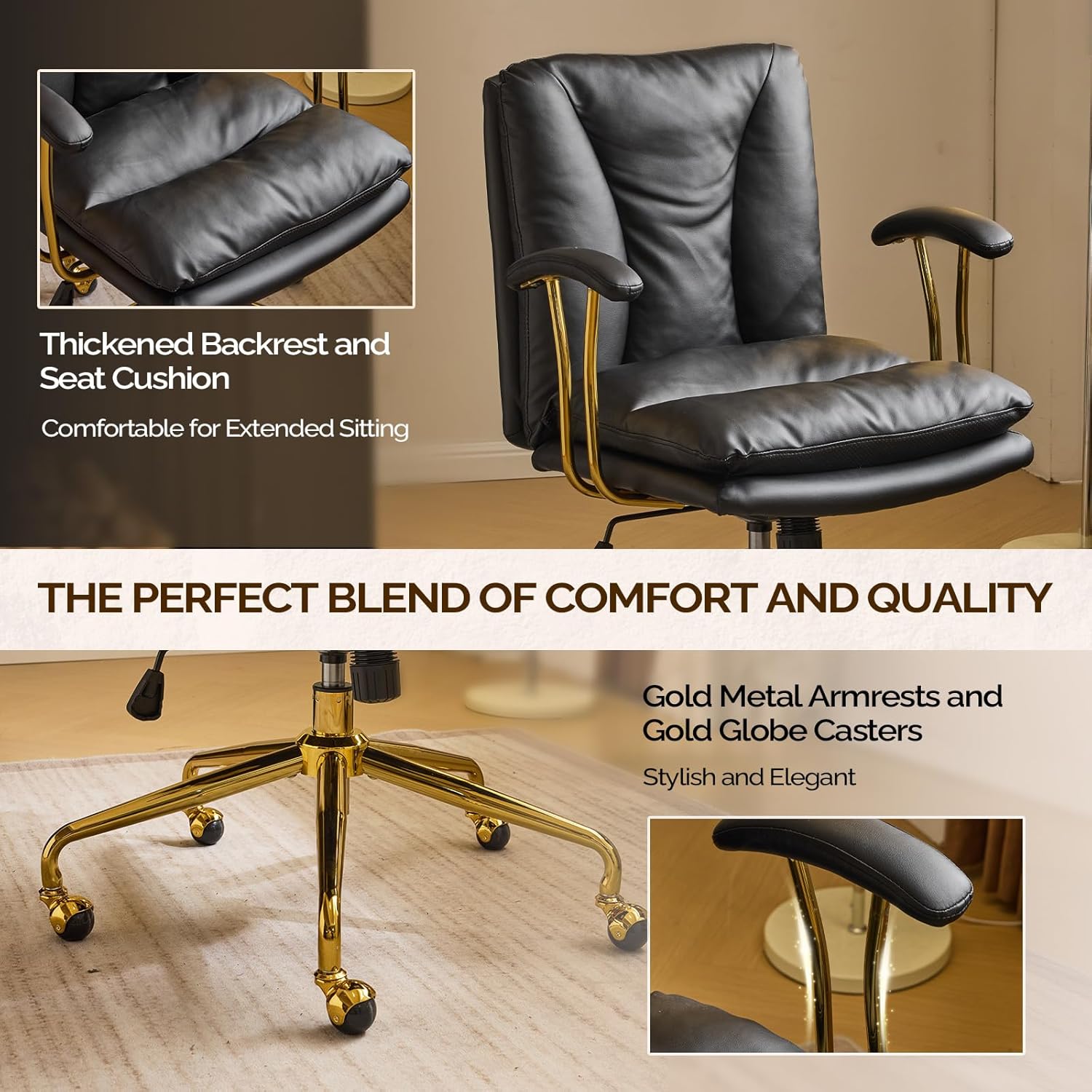 VINGLI Home Office Desk Chair Comfy with Wheels & Removable Armrests,Gold Base Vanity Chair with Back, Adjustable Rolling Swivel Computer Task Chair for Study,Makeup,Office,Bedroom,PU Leather,Black