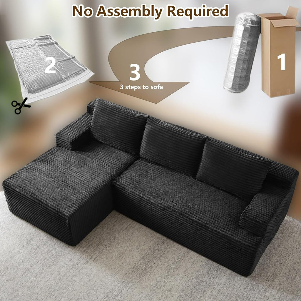 96" Modular Sectional Sofa Couches L-Shape Couch 3 Seat Modular Sofa Corduroy Memory Foam Sectional Boneless Couches for Living Room, Cloud Couch with Oversized Chaise(Black, Left Facing)