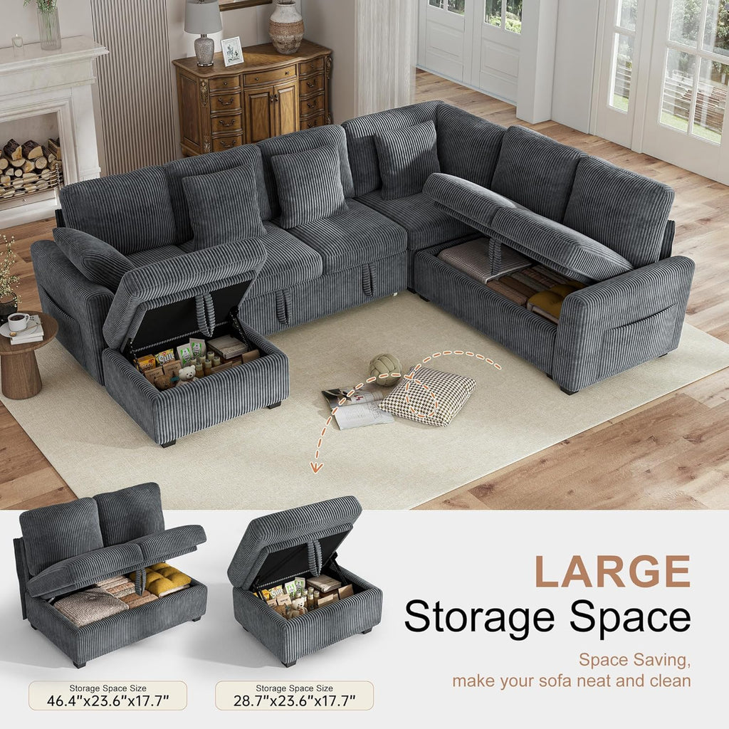 Hanherry Sectional Couch with Pull Out Sofa Bed,Corduroy Sleeper Sofa with Storage Ottoman & USB Charging,Comfy L Shaped Modular Couches for Living Room,Apartment | USB Charging, Corduroy Fabric